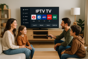 Gezin of vrienden kijken naar IPTV in een gezellige woonkamer, zichtbaar is een interface met “IPTV TV”.