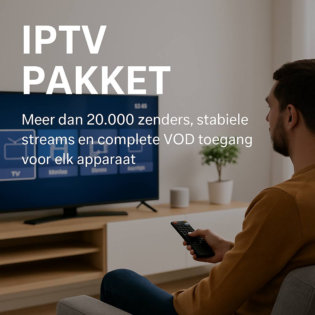 Man kijkt ontspannen IPTV op een smart-tv in moderne woonkamer, met duidelijk IPTV-menu en promotietekst over IPTV pakketten van iptvtv.nl.